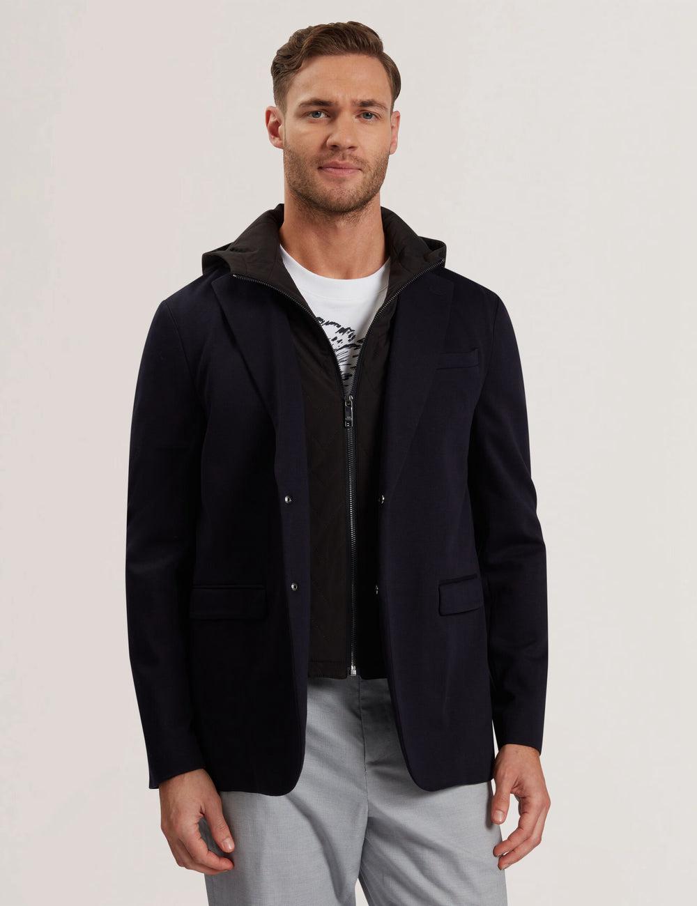 Navy Ted Baker ASHB - Jersey Blazer With Zip-Up Hooded Liner Men Blazers | Ireland  3086-SUBDV