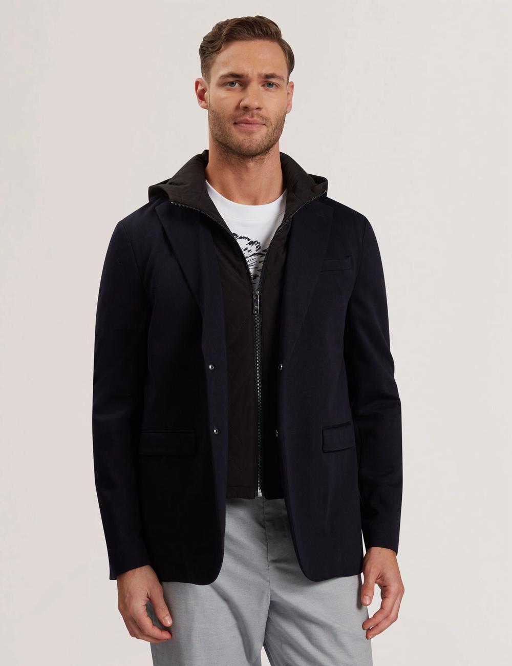 Navy Ted Baker ASHB - Jersey Blazer With Zip-Up Hooded Liner Men Blazers | Ireland  3086-SUBDV