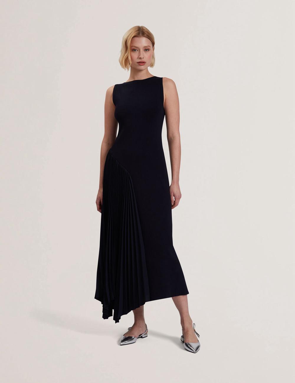 Navy Ted Baker AZZINA - Pleated Panel Sleeveless Knitted Women Midi Dresses | Ireland  9403-PCLJX