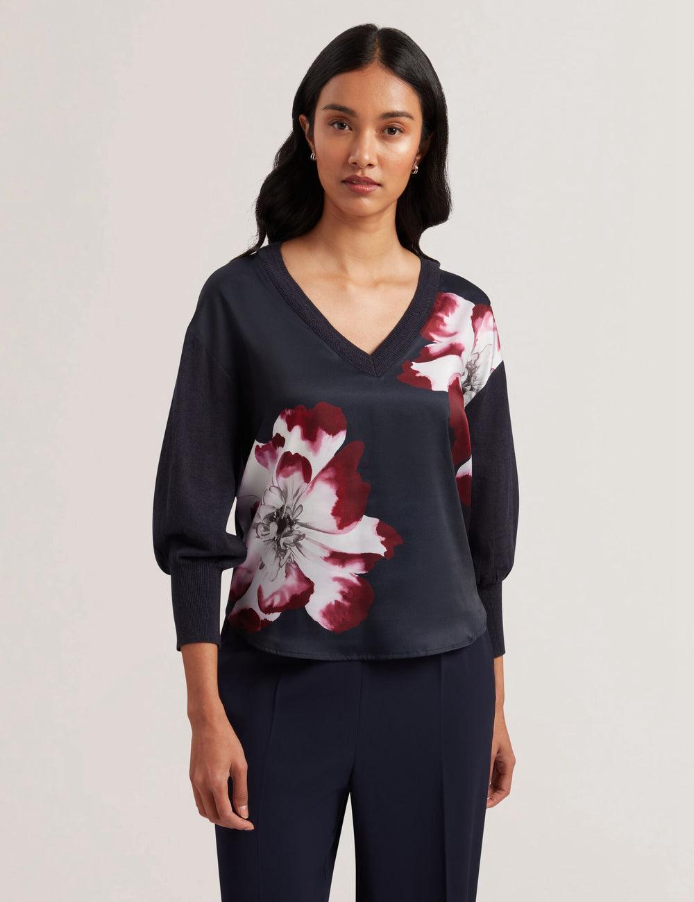 Navy Ted Baker CASEYJ - Printed Woven Front V-Neck Women Jumpers | Ireland  6917-YKHBA
