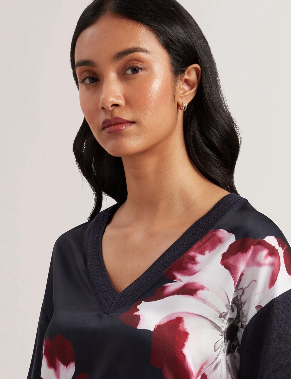 Navy Ted Baker CASEYJ - Printed Woven Front V-Neck Women Jumpers | Ireland  6917-YKHBA