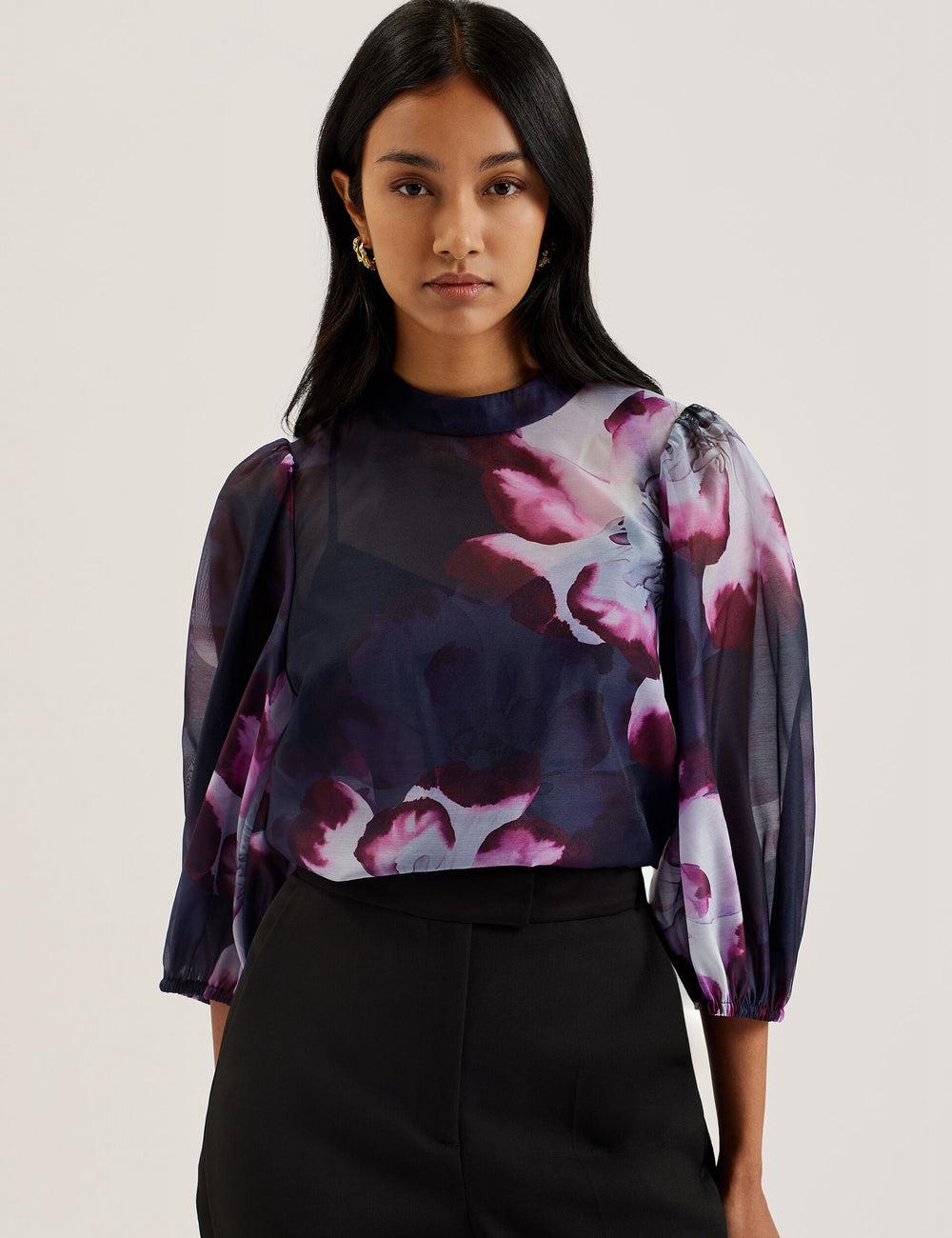 Navy Ted Baker CATALO - Floral Print Balloon Sleeve Organza Top Women Blouses | Ireland  1429-TYIVN