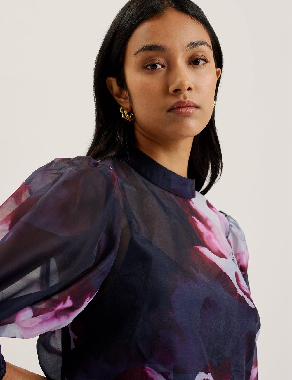 Navy Ted Baker CATALO - Floral Print Balloon Sleeve Organza Top Women Blouses | Ireland  1429-TYIVN