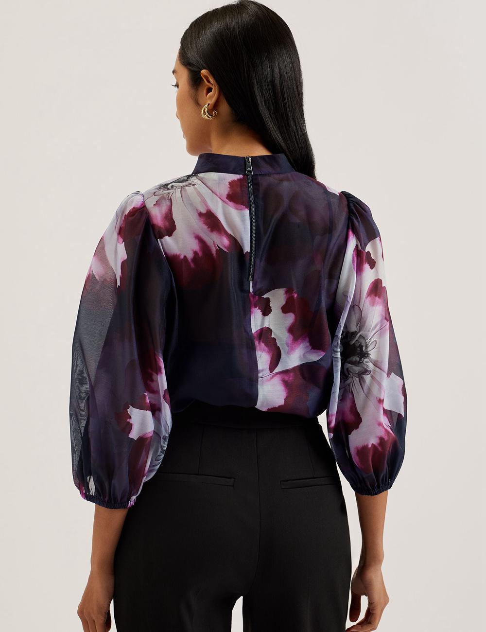 Navy Ted Baker CATALO - Floral Print Balloon Sleeve Organza Top Women Blouses | Ireland  1429-TYIVN
