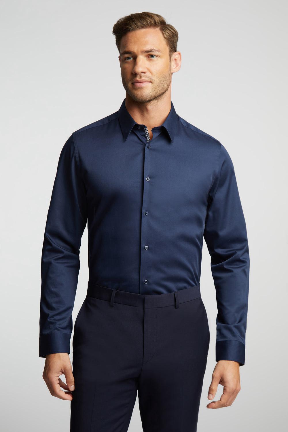 Navy Ted Baker DUDDON - Navy Slim Fit Long Sleeve Cotton Men Formal Shirts | Ireland  4583-LCRXP