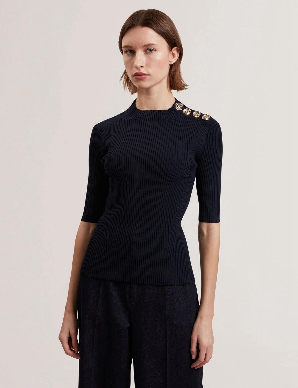 Navy Ted Baker EELIIA - Ribbed Knit Short Sleeve With Rose Buttons Women Tops | Ireland  5472-ARBVJ
