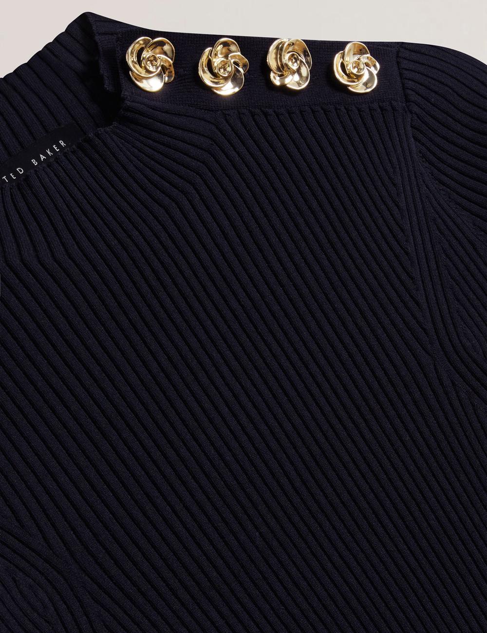 Navy Ted Baker EELIIA - Ribbed Knit Short Sleeve With Rose Buttons Women Tops | Ireland  5472-ARBVJ