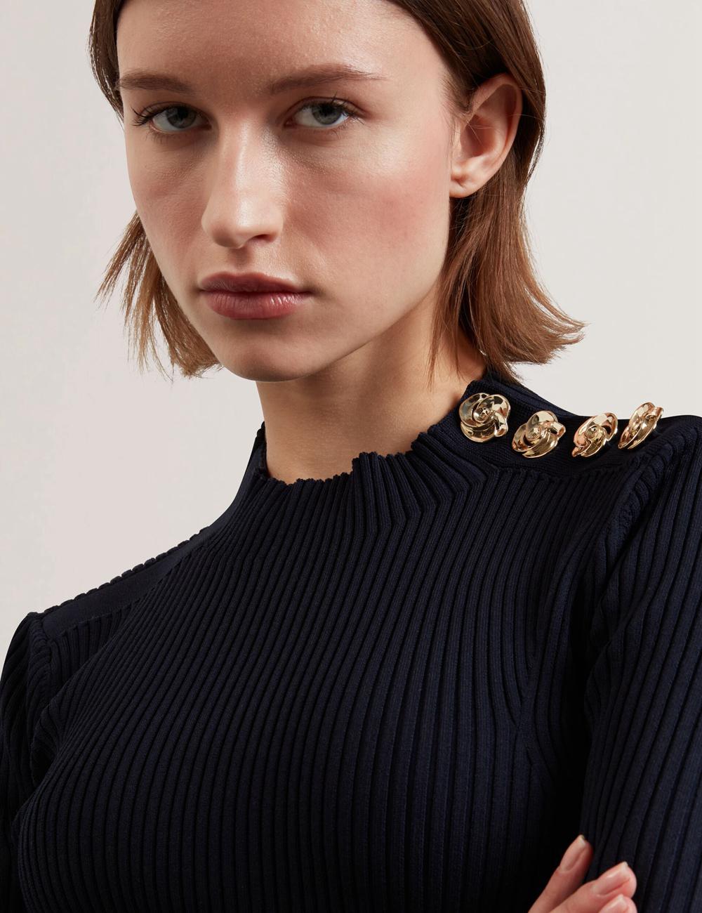 Navy Ted Baker EELIIA - Ribbed Knit Short Sleeve With Rose Buttons Women Tops | Ireland  5472-ARBVJ