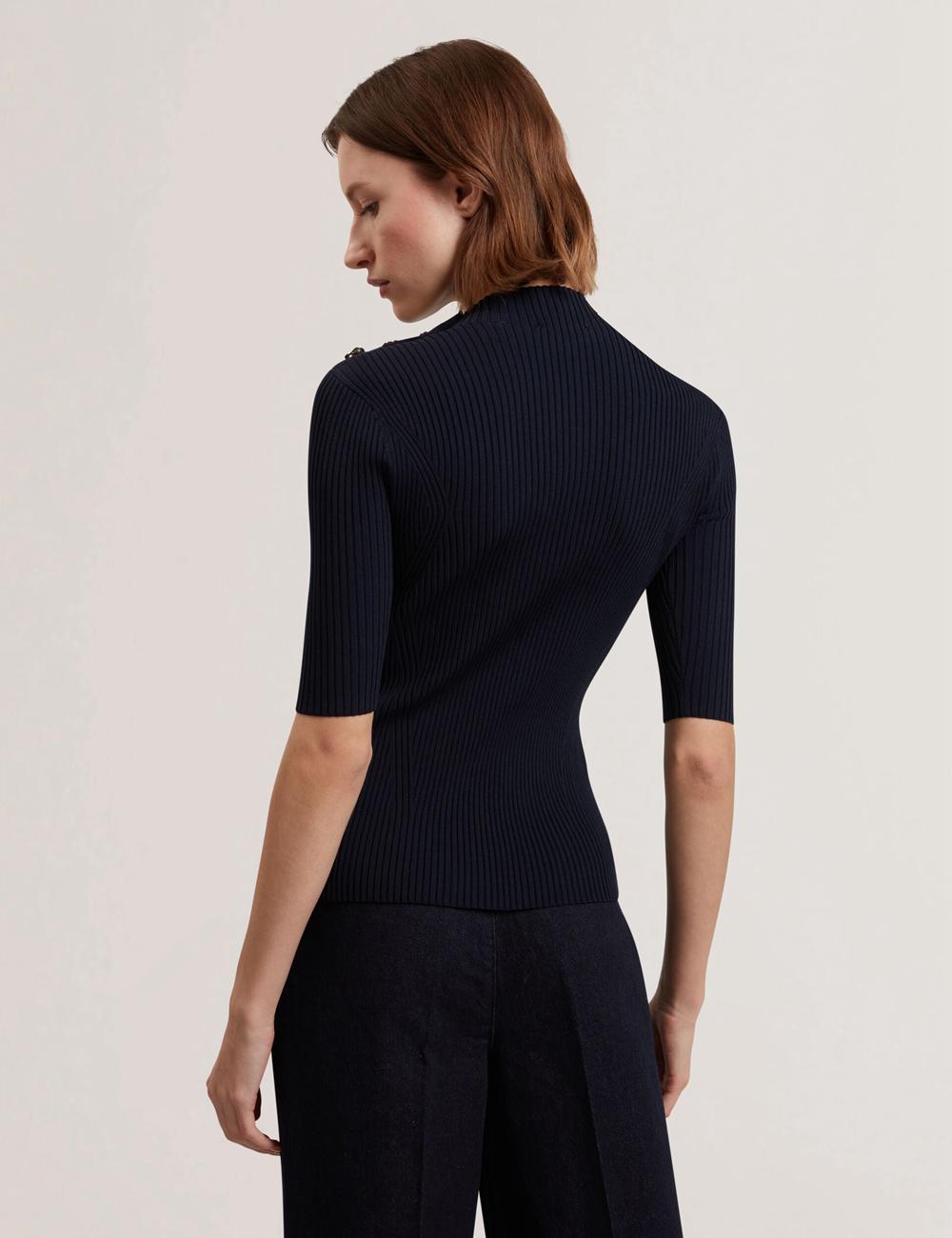 Navy Ted Baker EELIIA - Ribbed Knit Short Sleeve With Rose Buttons Women Tops | Ireland  5472-ARBVJ