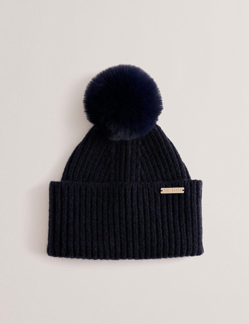 Navy Ted Baker EMILYYA - Ribbed Knit Fluffy Bobble Women Hats | Ireland  2456-IXQDF