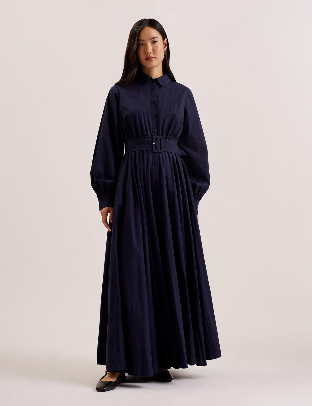 Navy Ted Baker ENE - Cotton Maxi Shirt Dress With Belt Women Maxi Dresses | Ireland  1485-OUQHV