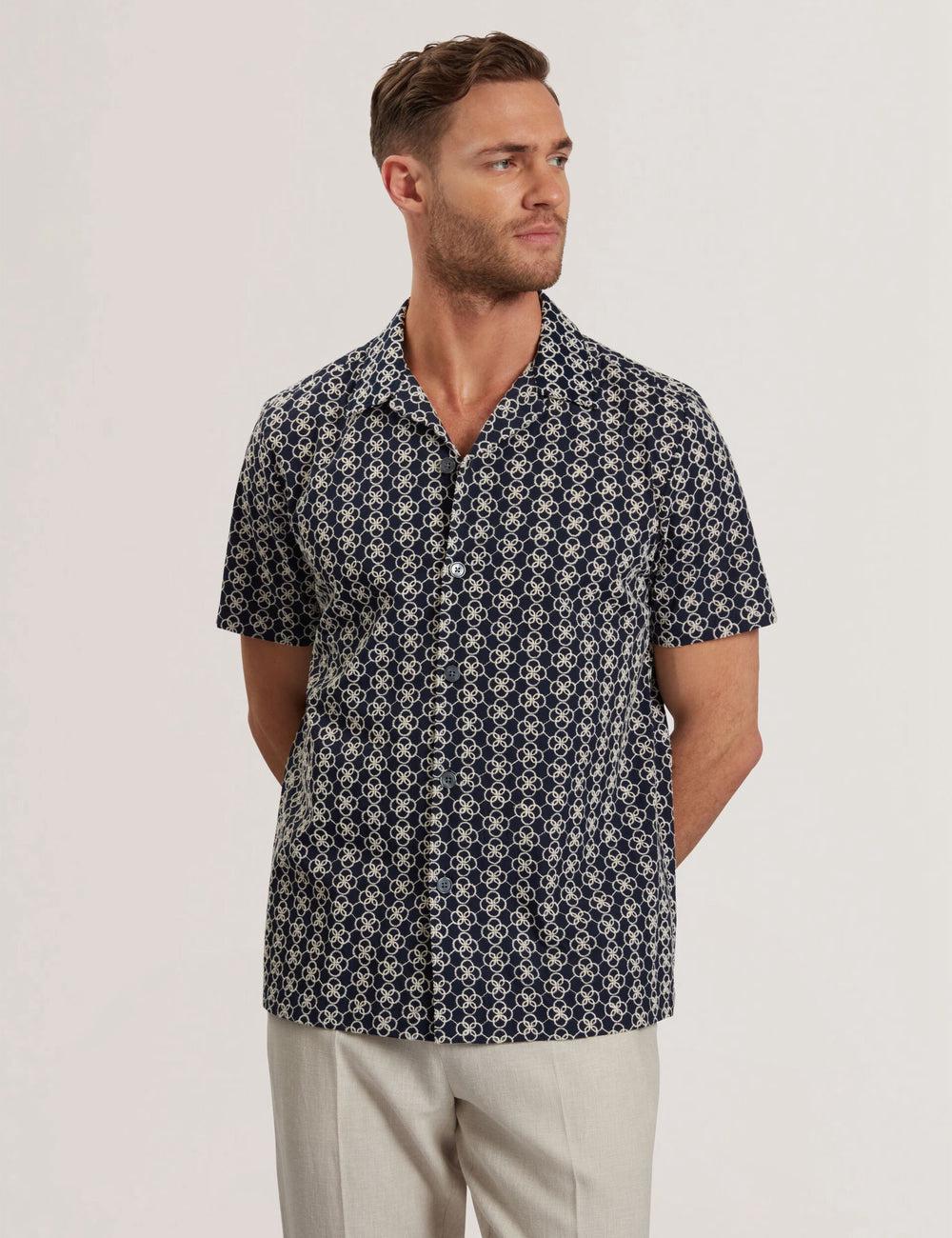 Navy Ted Baker FINLAYS - Short Sleeve Relaxed Embroidered Men Casual Shirts | Ireland  9261-SFQIN