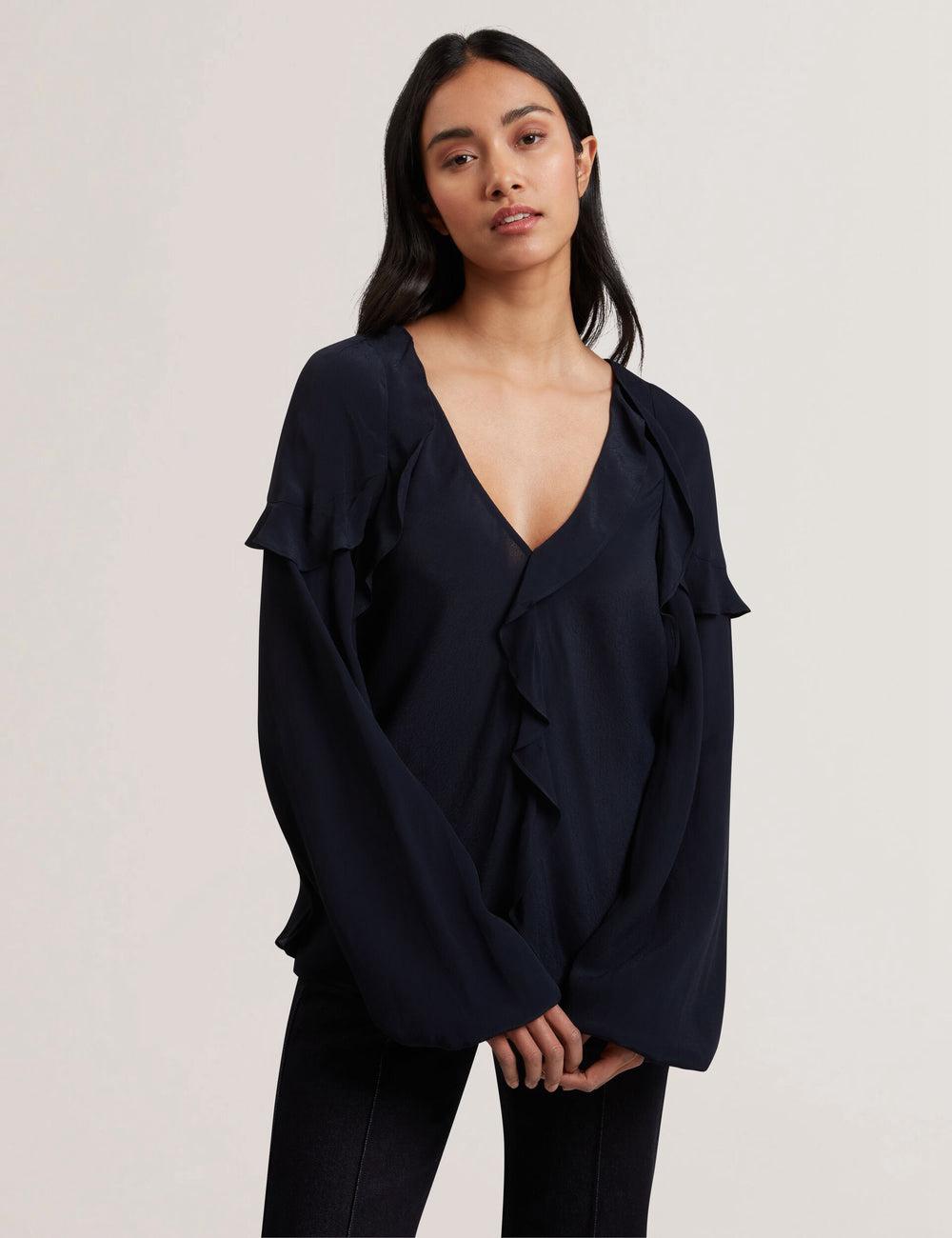 Navy Ted Baker KAYFA - Waterfall Ruffle Trim Long Sleeve Women Blouses | Ireland  3287-DHOFA