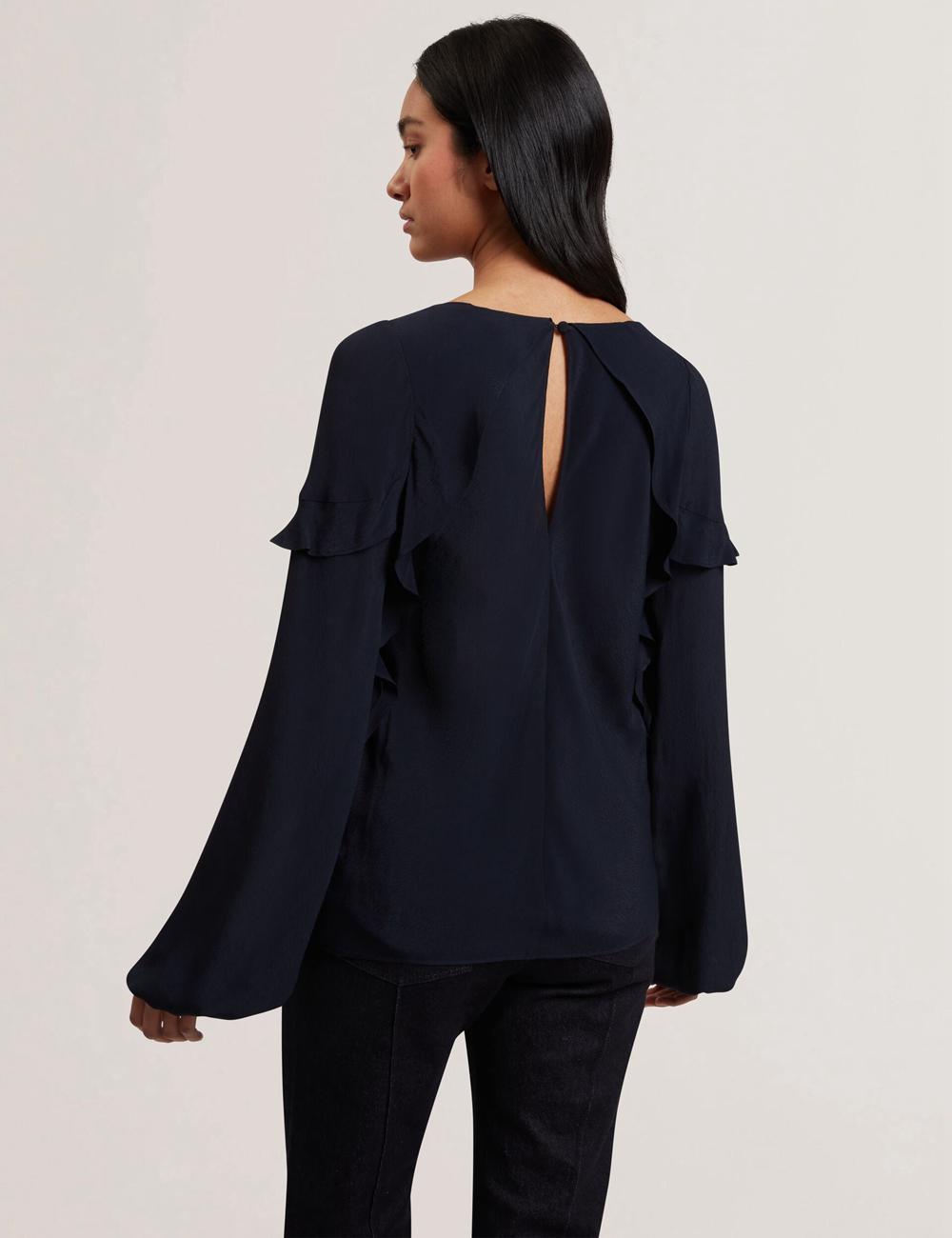 Navy Ted Baker KAYFA - Waterfall Ruffle Trim Long Sleeve Women Blouses | Ireland  3287-DHOFA