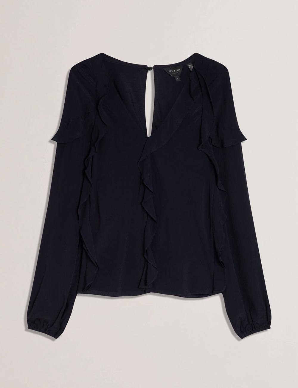 Navy Ted Baker KAYFA - Waterfall Ruffle Trim Long Sleeve Women Blouses | Ireland  3287-DHOFA