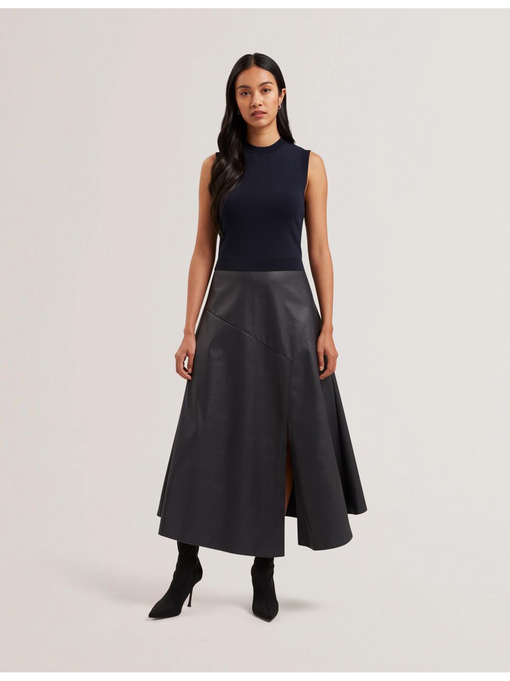 Navy Ted Baker LABASA - Sleeveless Knit Faux Leather Women Midi Dresses | Ireland  8349-YAKMT
