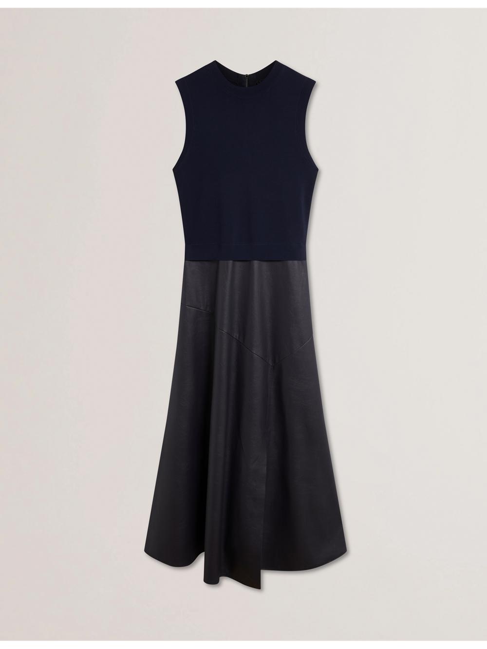 Navy Ted Baker LABASA - Sleeveless Knit Faux Leather Women Midi Dresses | Ireland  8349-YAKMT
