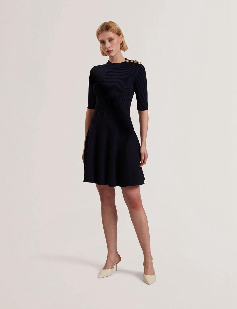 Navy Ted Baker LILANO - Ribbed Knit Skater With Rose Buttons Women Mini Dresses | Ireland  0736-DTFXZ