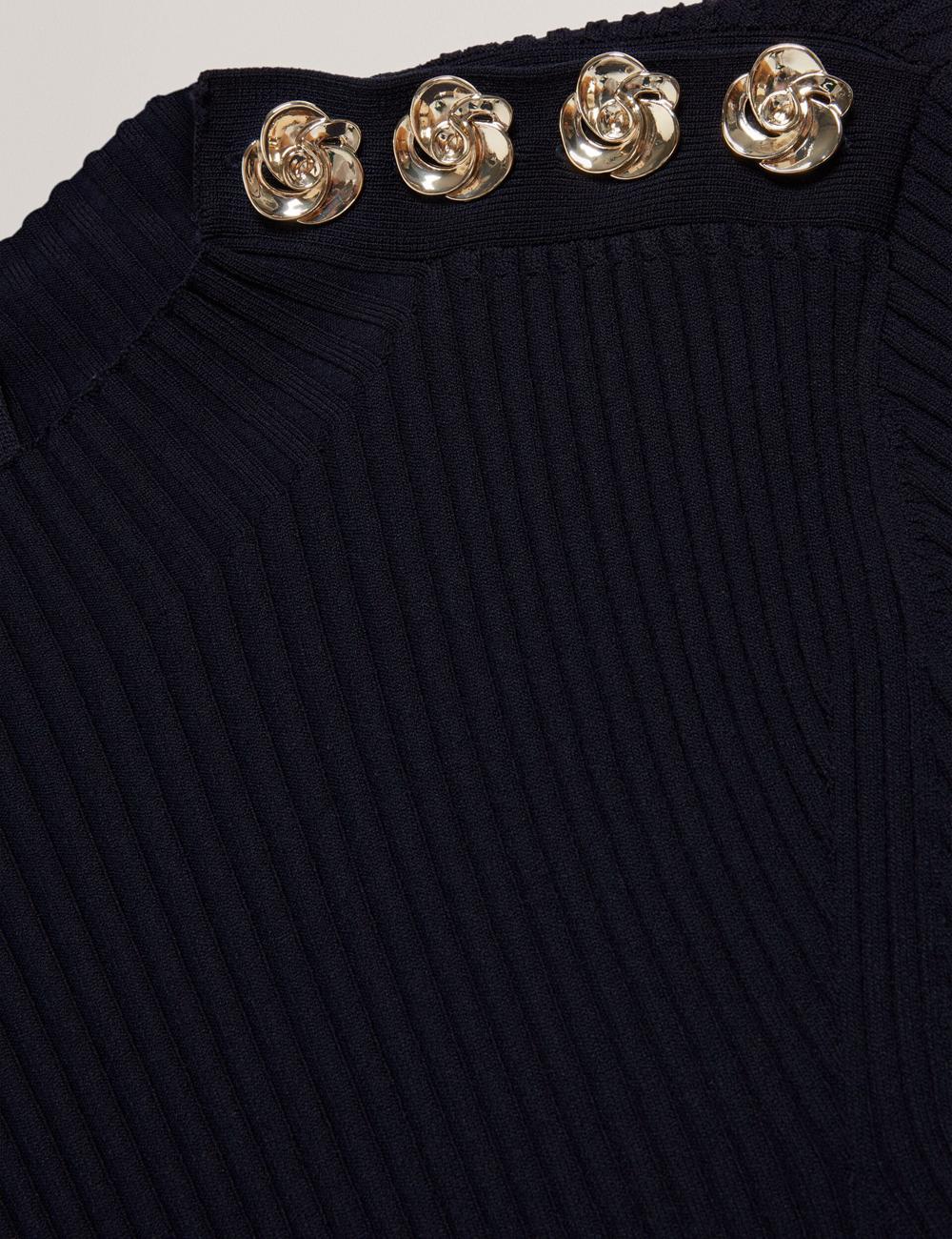 Navy Ted Baker LILANO - Ribbed Knit Skater With Rose Buttons Women Mini Dresses | Ireland  0736-DTFXZ