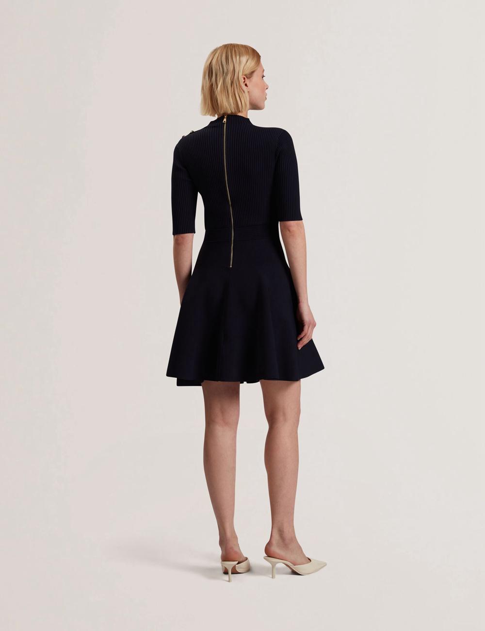Navy Ted Baker LILANO - Ribbed Knit Skater With Rose Buttons Women Mini Dresses | Ireland  0736-DTFXZ
