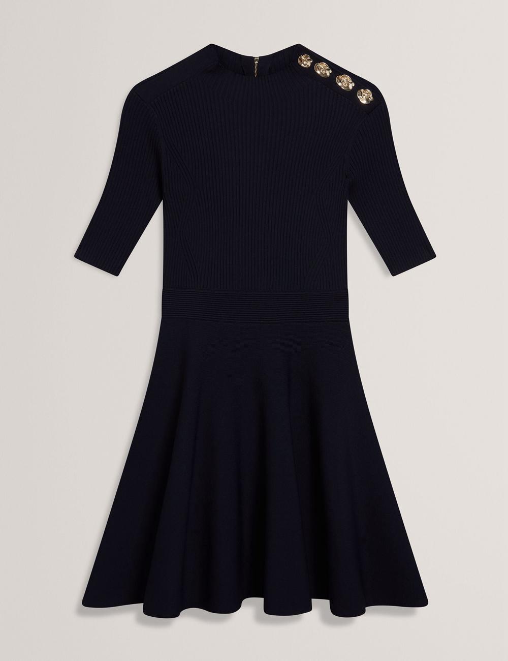 Navy Ted Baker LILANO - Ribbed Knit Skater With Rose Buttons Women Mini Dresses | Ireland  0736-DTFXZ