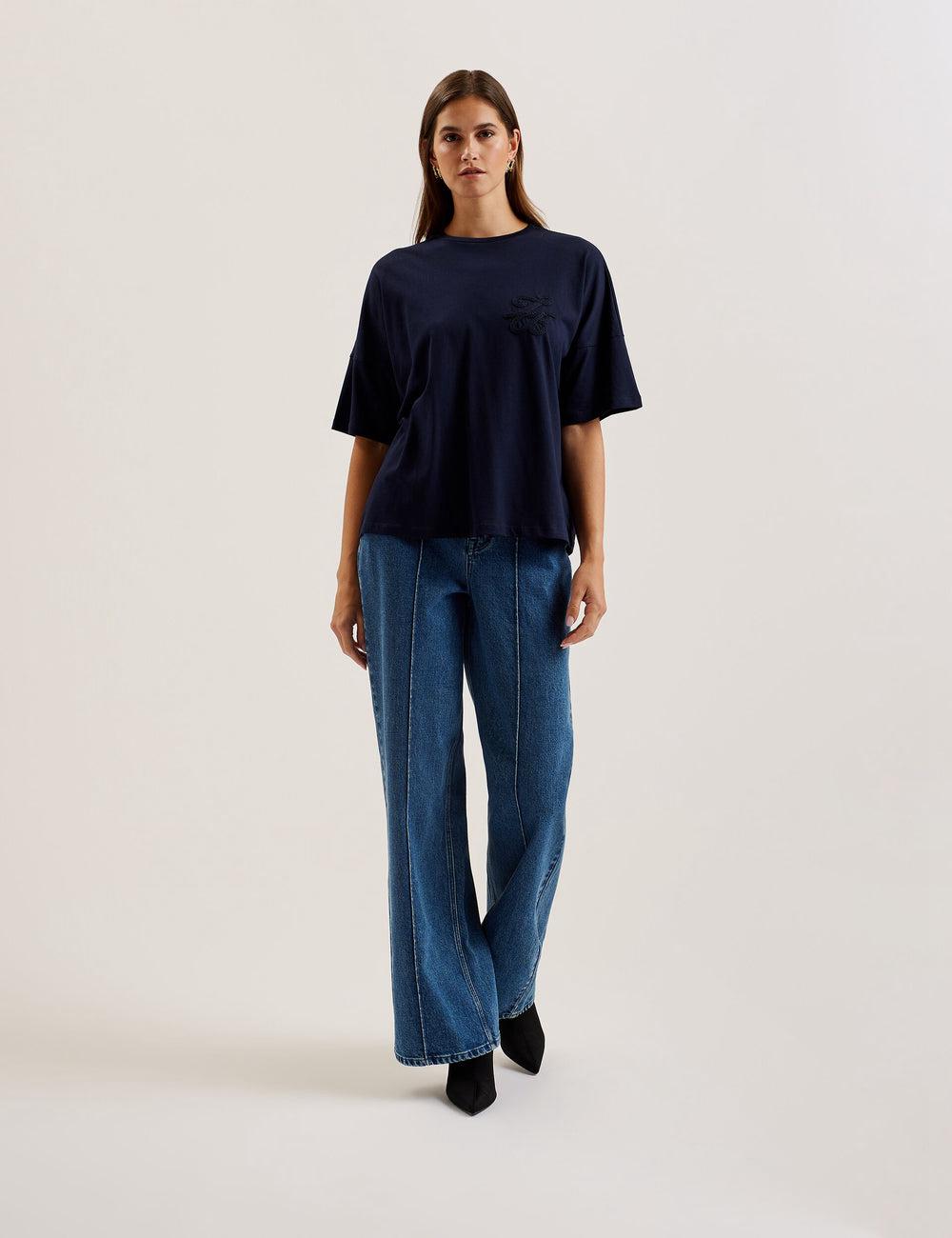 Navy Ted Baker MALORRY - Embroidered Logo Boxy Cotton Women T-Shirts | Ireland  2573-GUSPC
