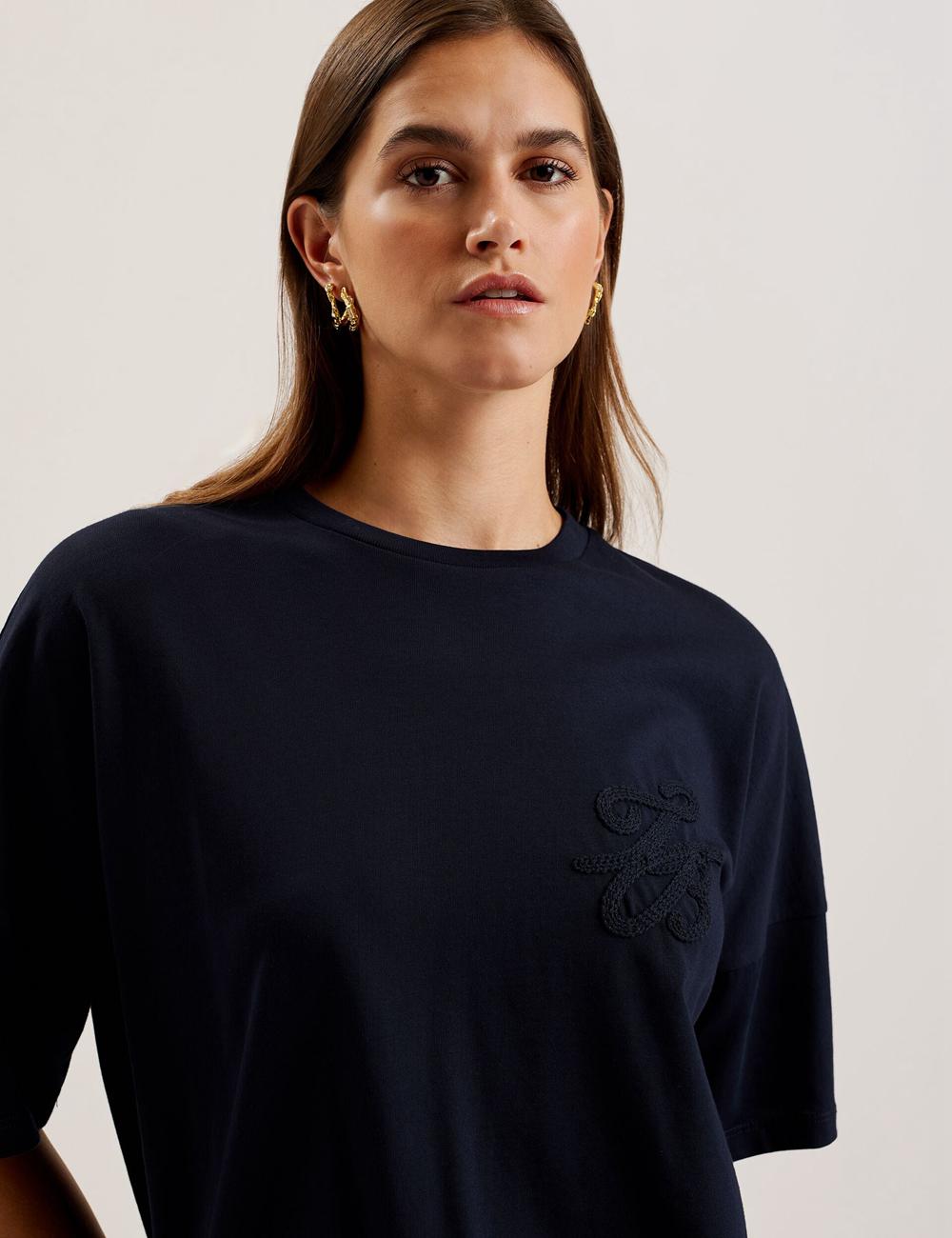 Navy Ted Baker MALORRY - Embroidered Logo Boxy Cotton Women T-Shirts | Ireland  2573-GUSPC