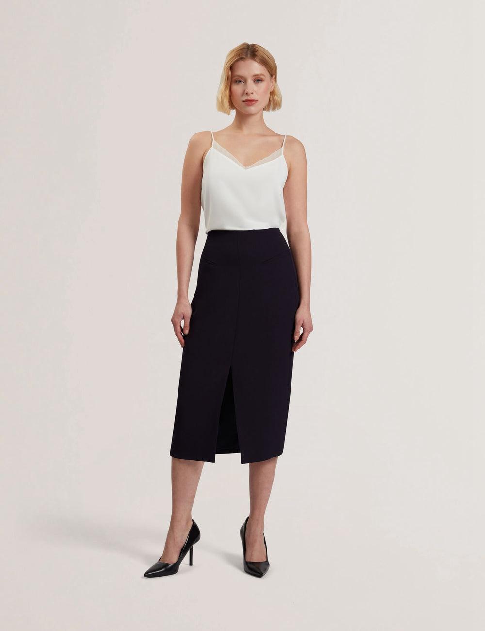 Navy Ted Baker MANABSL - Tailored Midi Pencil Skirt With Front Split Women Midi Skirts | Ireland  6079-GUNXW