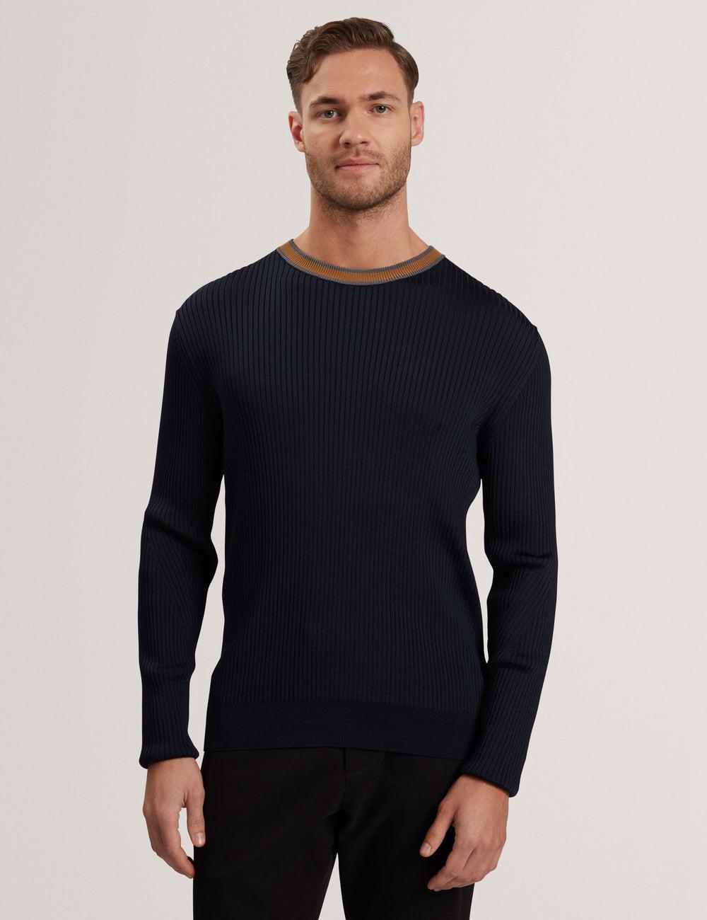 Navy Ted Baker NAYOR - Long Sleeve Rayon Ribbed Crew Neck Men Jumpers | Ireland  2781-KSRFP
