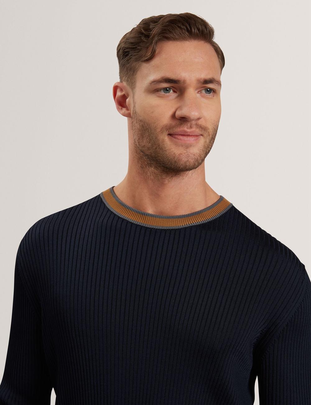 Navy Ted Baker NAYOR - Long Sleeve Rayon Ribbed Crew Neck Men Jumpers | Ireland  2781-KSRFP