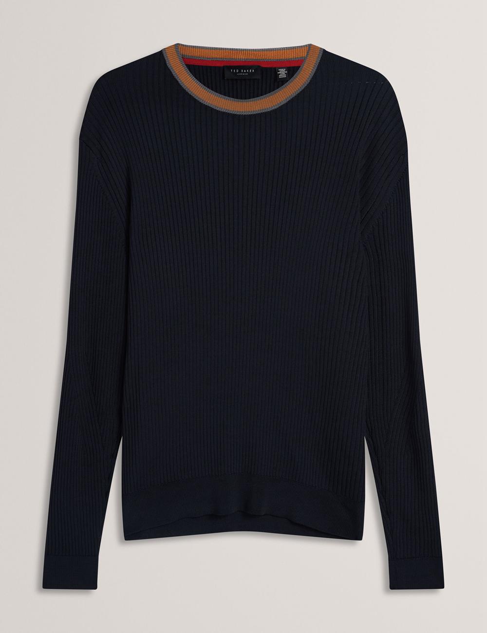 Navy Ted Baker NAYOR - Long Sleeve Rayon Ribbed Crew Neck Men Jumpers | Ireland  2781-KSRFP
