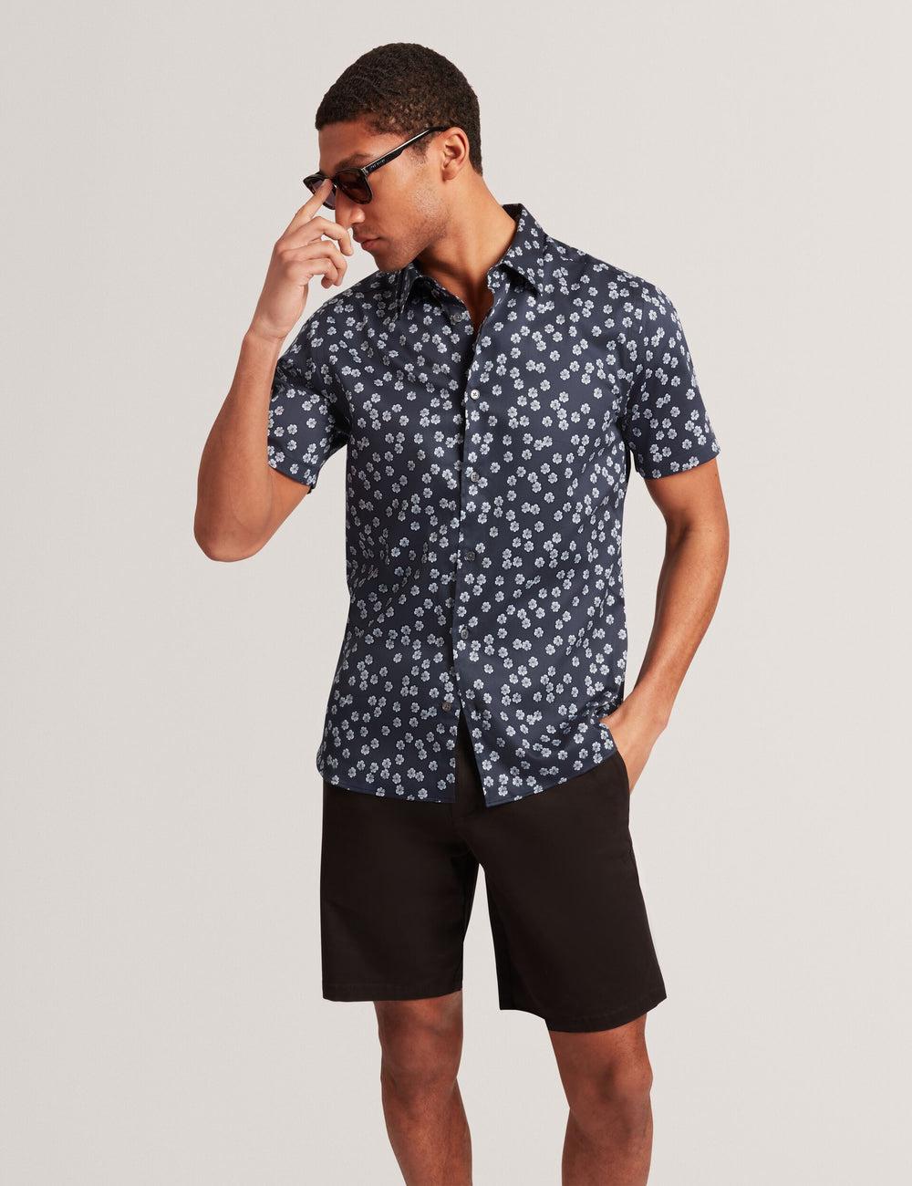 Navy Ted Baker NIKSHO - Short Sleeve Slim Ditsy Floral Men Casual Shirts | Ireland  8745-APZEW