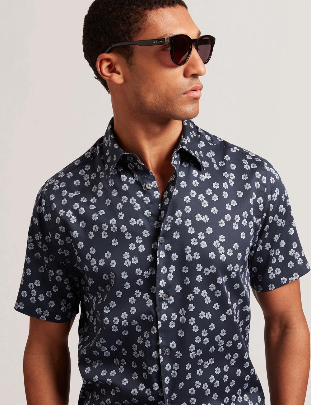 Navy Ted Baker NIKSHO - Short Sleeve Slim Ditsy Floral Men Casual Shirts | Ireland  8745-APZEW