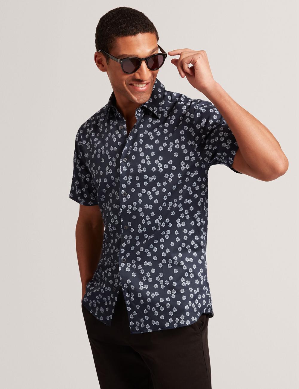 Navy Ted Baker NIKSHO - Short Sleeve Slim Ditsy Floral Men Casual Shirts | Ireland  8745-APZEW