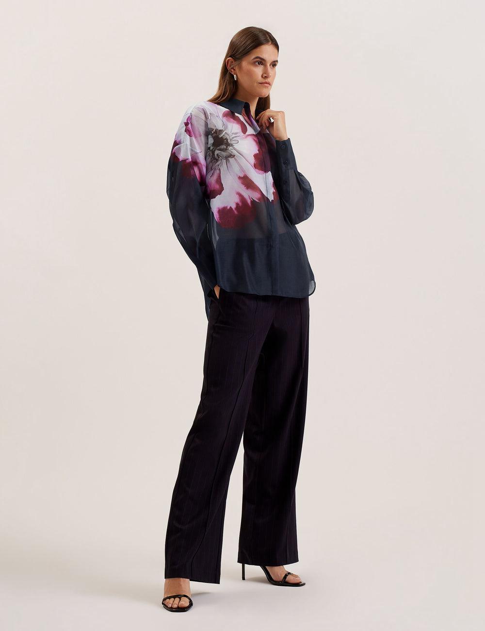 Navy Ted Baker ORRIN - Floral Sheer Organza Oversized Women Casual Shirts | Ireland  2793-LIGEV