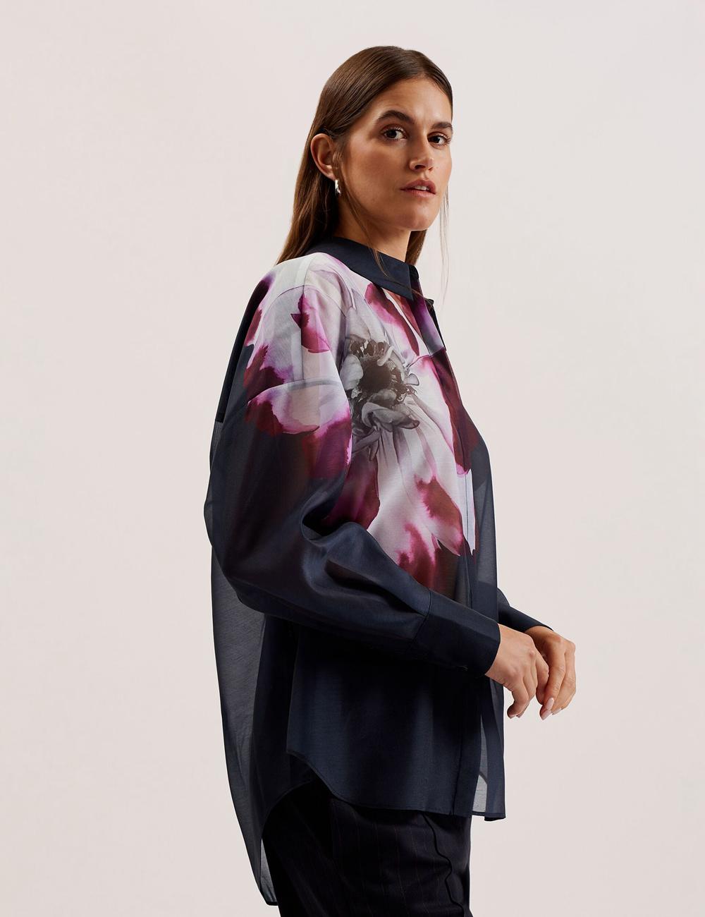 Navy Ted Baker ORRIN - Floral Sheer Organza Oversized Women Casual Shirts | Ireland  2793-LIGEV