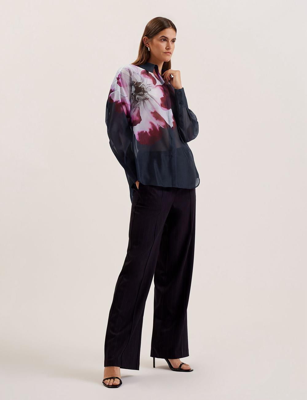 Navy Ted Baker ORRIN - Floral Sheer Organza Oversized Women Casual Shirts | Ireland  2793-LIGEV