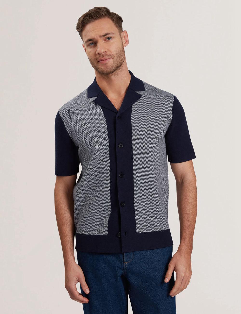 Navy Ted Baker PADRIG - Herringbone Knit Colour Block Short Sleeve Men Casual Shirts | Ireland  0921-LETHD