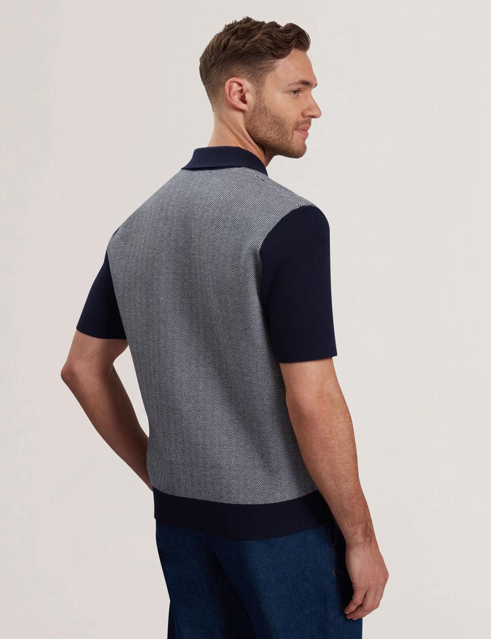 Navy Ted Baker PADRIG - Herringbone Knit Colour Block Short Sleeve Men Casual Shirts | Ireland  0921-LETHD