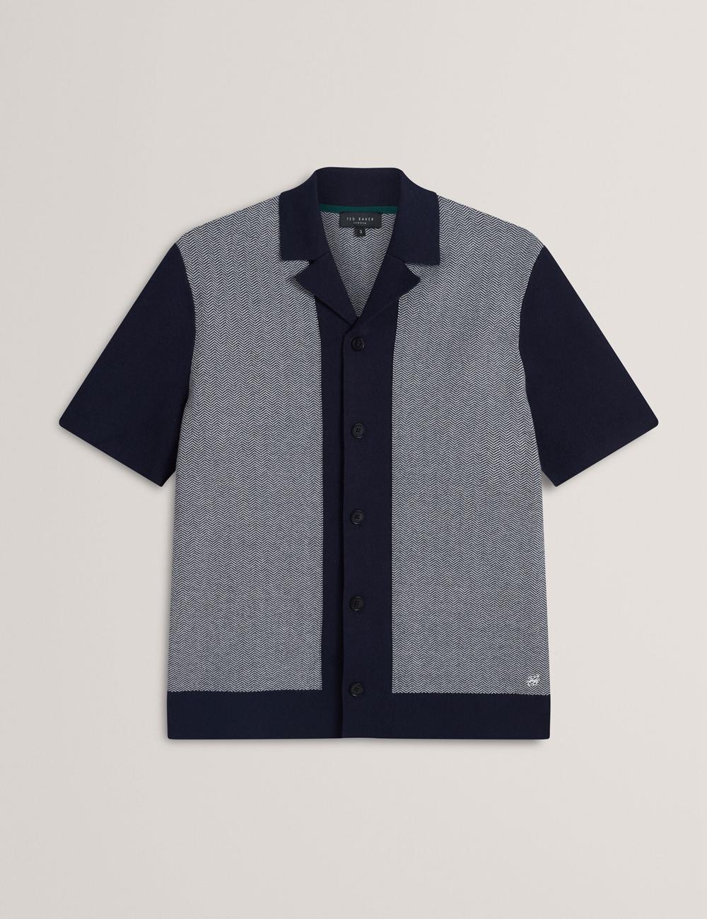 Navy Ted Baker PADRIG - Herringbone Knit Colour Block Short Sleeve Men Casual Shirts | Ireland  0921-LETHD