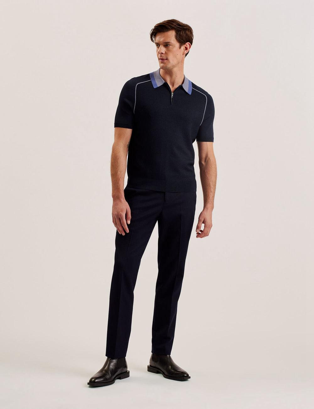 Navy Ted Baker PAXTO - Textured Zip With Striped Collar Men Polos Shirts | Ireland  4795-ONMIY