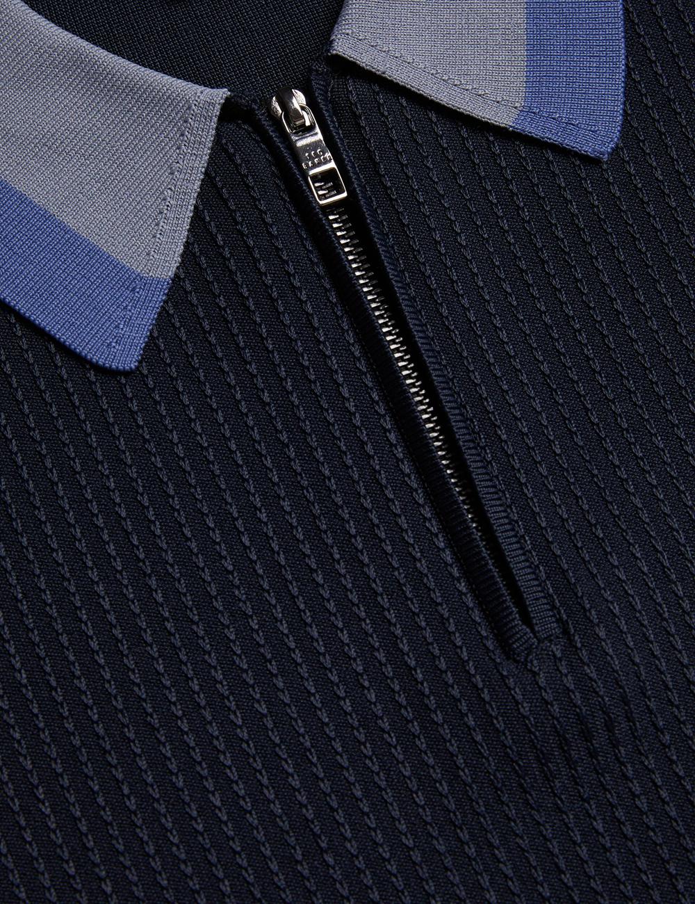 Navy Ted Baker PAXTO - Textured Zip With Striped Collar Men Polos Shirts | Ireland  4795-ONMIY