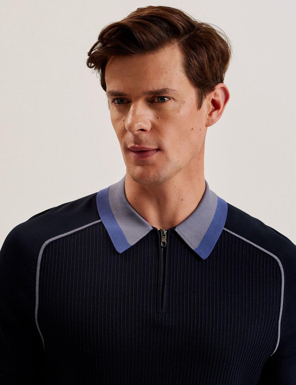 Navy Ted Baker PAXTO - Textured Zip With Striped Collar Men Polos Shirts | Ireland  4795-ONMIY