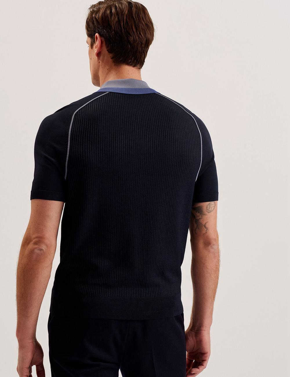 Navy Ted Baker PAXTO - Textured Zip With Striped Collar Men Polos Shirts | Ireland  4795-ONMIY