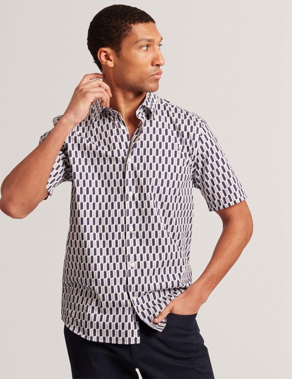 Navy Ted Baker PEARSOS - Geo Print Short Sleeve Cotton Men Casual Shirts | Ireland  7624-JPRVZ