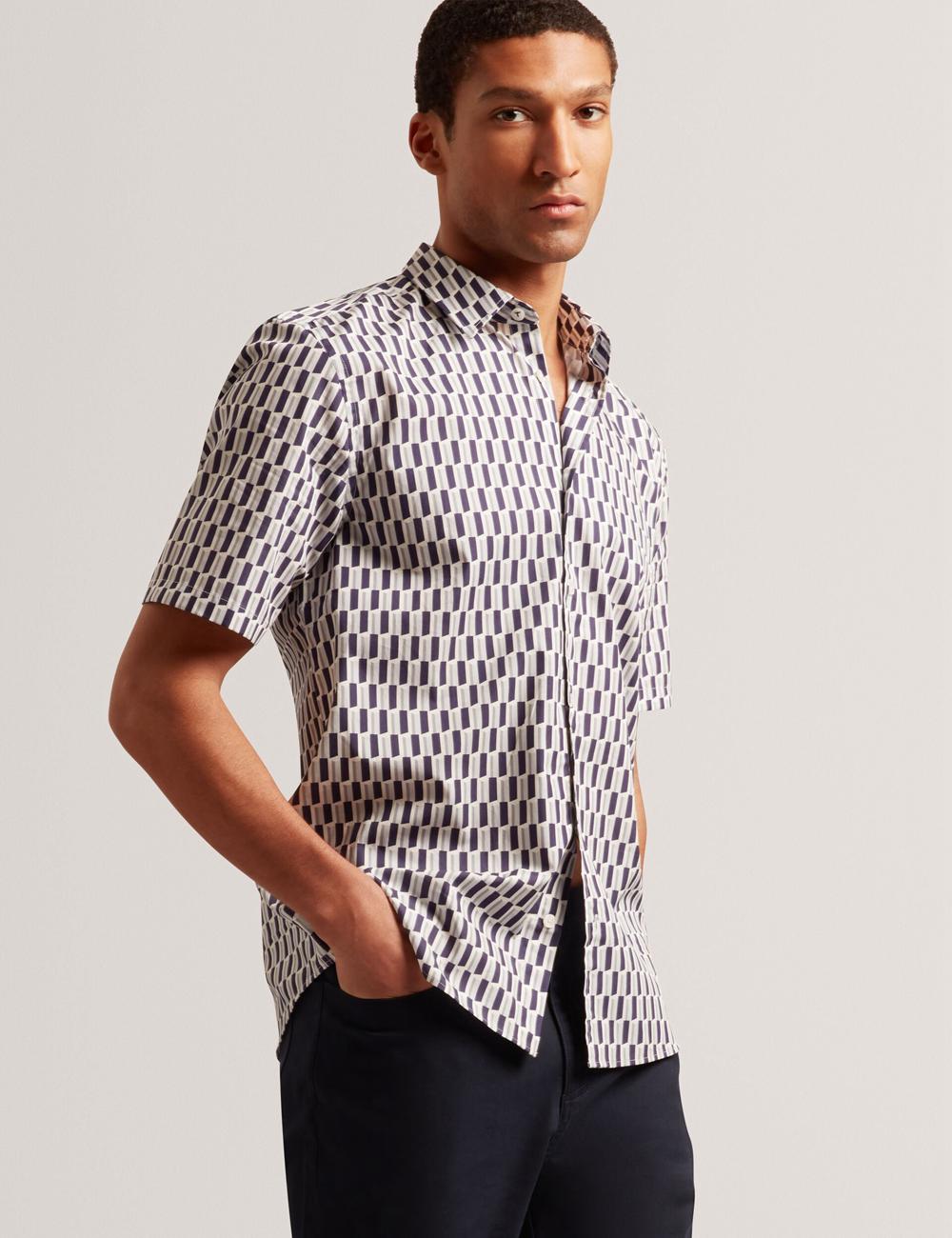 Navy Ted Baker PEARSOS - Geo Print Short Sleeve Cotton Men Casual Shirts | Ireland  7624-JPRVZ