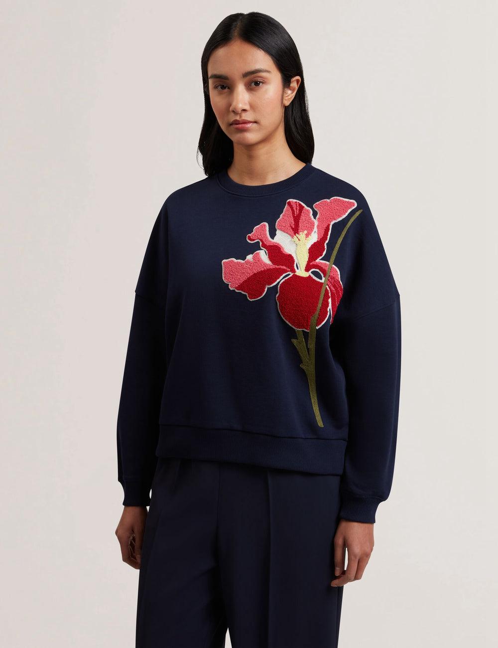 Navy Ted Baker SANDERR - Tufted Floral Graphic Cotton Women Sweatshirts | Ireland  4028-DJYHW