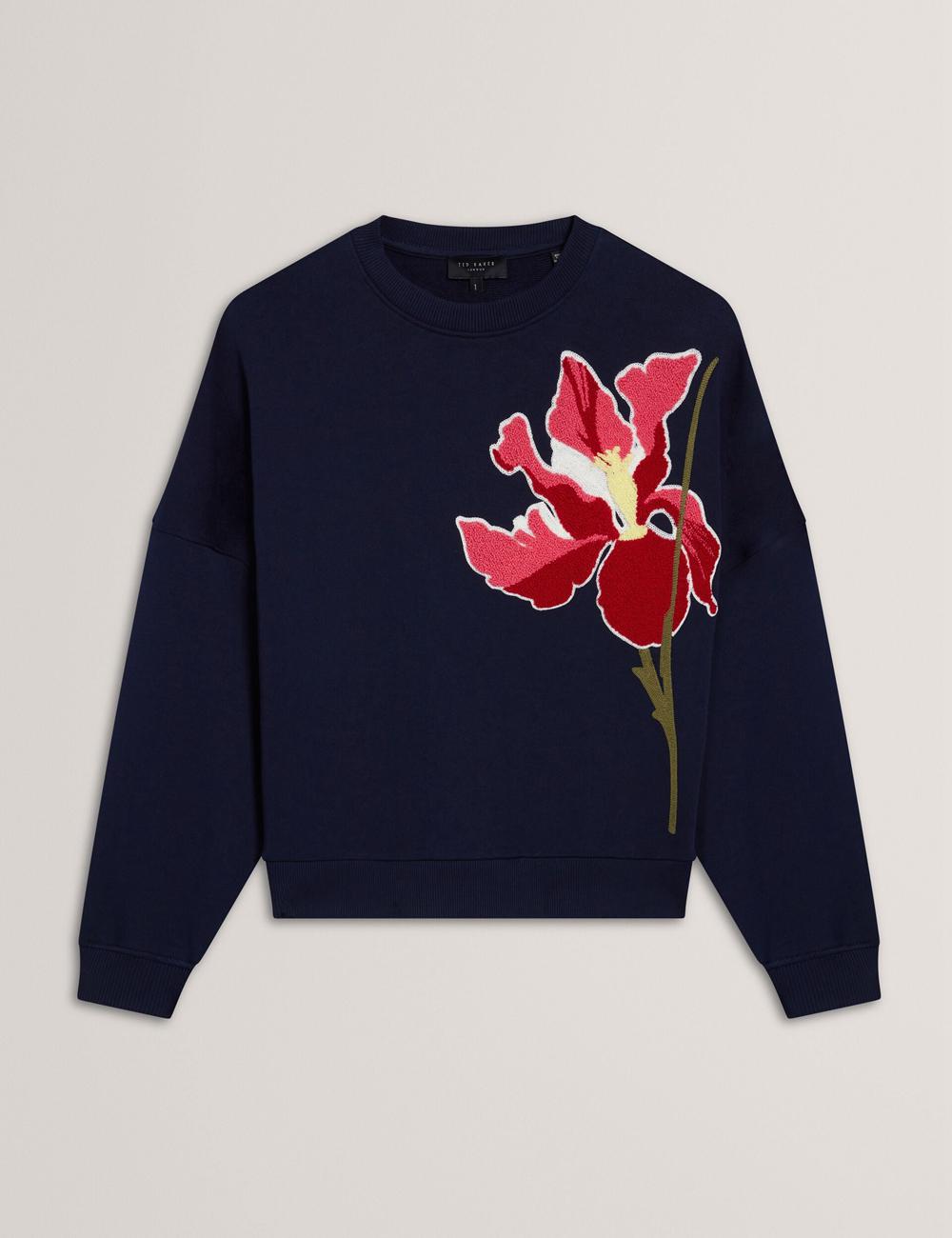 Navy Ted Baker SANDERR - Tufted Floral Graphic Cotton Women Sweatshirts | Ireland  4028-DJYHW