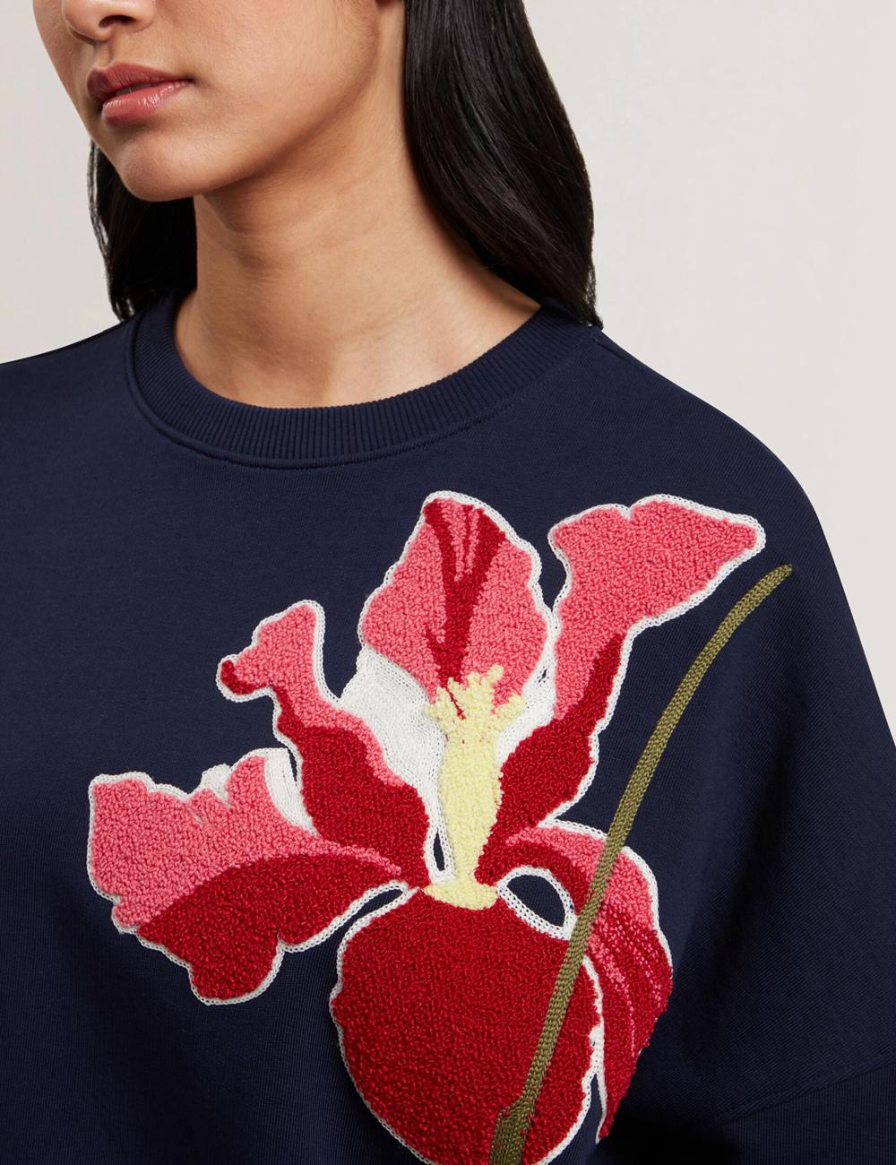 Navy Ted Baker SANDERR - Tufted Floral Graphic Cotton Women Sweatshirts | Ireland  4028-DJYHW