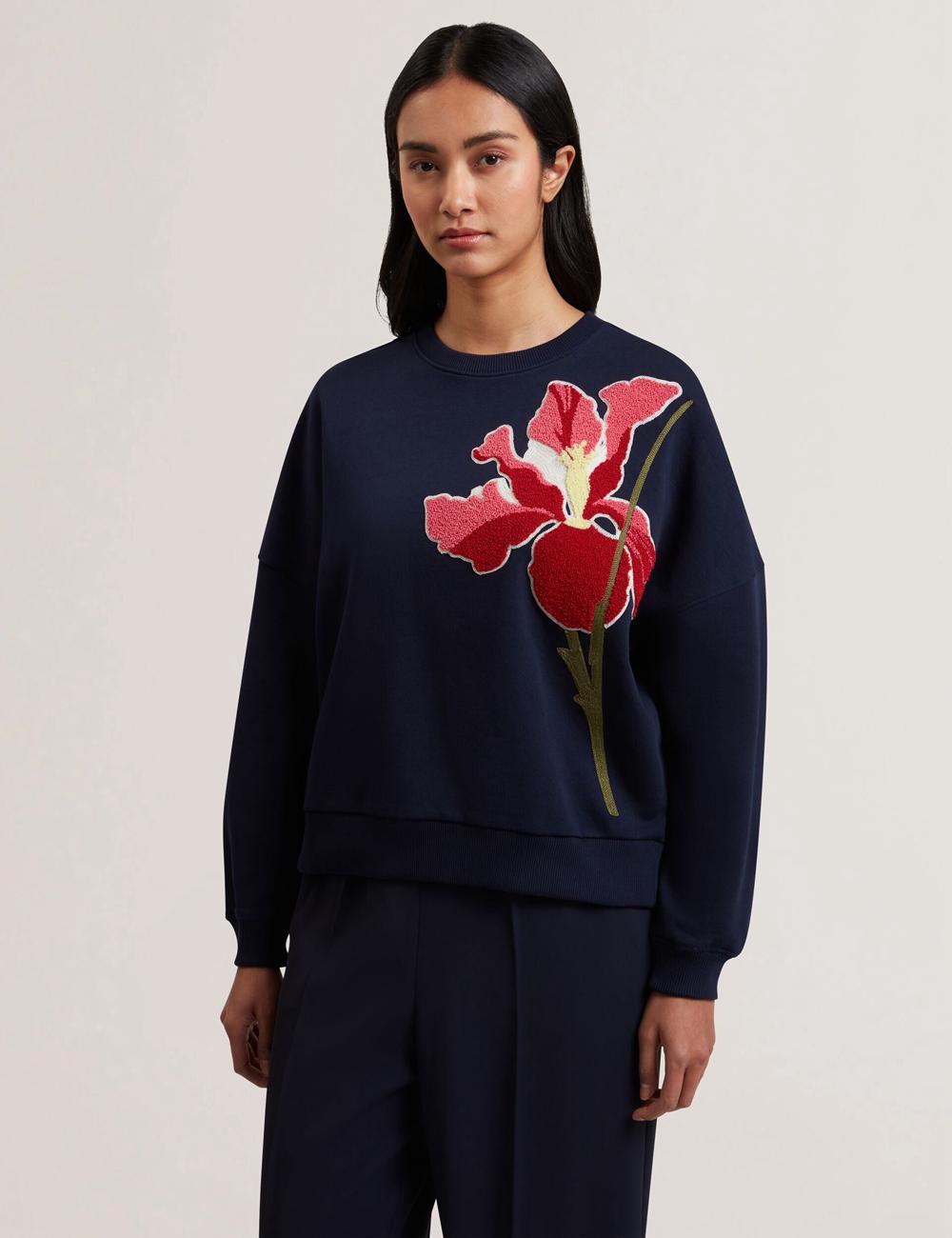 Navy Ted Baker SANDERR - Tufted Floral Graphic Cotton Women Sweatshirts | Ireland  4028-DJYHW